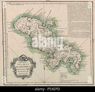 CARTA DE LA ISLA DE LA MARTINICA - 1781 - ESCALA 1:240,000. Auteur : Juan López (1765-1830). Emplacement : BIBLIOTECA NACIONAL-COLECCION, MADRID, ESPAGNE. Banque D'Images