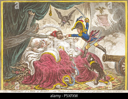 N/A. Anglais : le confort d'un lit de roses RÉSUMÉ : Charles Fox, au lit avec sa femme, le fait d'avoir un cauchemar. À droite, Napoléon saute à la double d'un canon avec les mots 'Pour subjugeur le Monde' inscrit sur le museau ; derrière lui sont vus piques et une bannière avec les mots 'horreurs de l'invasion." William Pitt, comme une ombre, flotte près du lit, réprimandant Fox, 'éveillé, se posent, ou être tombé pour toujours'. Un aigle avec le col marqués 'Prusse' plane sur la tête du renard. Sous le lit de croître et la mort des branches rose épineuse crawls de sous les couvertures, tenant un sablier dont le sable a nea Banque D'Images