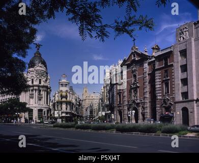 EDIFICIO METROLIS SITUADO EN LA CALLE ALCALA CONSTRUIDO ENTRE 1907 Y 1911 AL FONDO EL HÔTEL COLONIAL HERBACÉ Y A LA DERECHA IGLESIA DE SAN JOSE. Auteur : FEVRIER JULES Y RAYMOND. Emplacement : EDIFICIO METROPOLIS, ESPAGNE. Banque D'Images