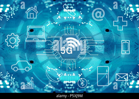 Les systèmes sans fil du réseau 5G et internet. Banque D'Images