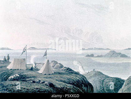 N/A. Vue sur la mer de l'Arctique, de l'embouchure de la rivière de la mine de cuivre, minuit. Le 20 juillet 1821 . 1821, gravure en 1823. Peinture originale de George Back (1796-1878) Noms alternatifs l'amiral Sir Retour descriptif en officier de marine, explorateur et artiste Date de naissance/décès 6 Novembre 1796 23 juin 1878 Lieu de naissance/décès Stockport, Cheshire Portman Square, London Authority control : Q282922 VIAF:76464117 ISNI:0000 0001 2282 0796 ULAN:500076997 RCAC:n89613186 Bibliothèque ouverte:OL495207UN WorldCat , cette gravure par Edward Francis Finden (1791-1857) Noms alternatifs Edwa Banque D'Images