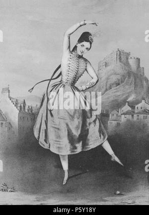 N/A. Anglais : Fanny Elssler dansant le krakowiak comme Sarah Campbell dans le ballet La Gypsy, première mise en scène à Paris en 1839 et a joué dans la même année au Her Majesty's Theatre de Londres. L'action se déroule à Edimbourg, d'où l'arrière-plan montrant le château d'Édimbourg. Lithographie de 1839. Haguental 506 Elssler comme Sarah Campbell Banque D'Images