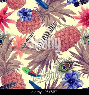 L'aquarelle transparente avec motif ananas, feuilles, fleurs. Banque D'Images