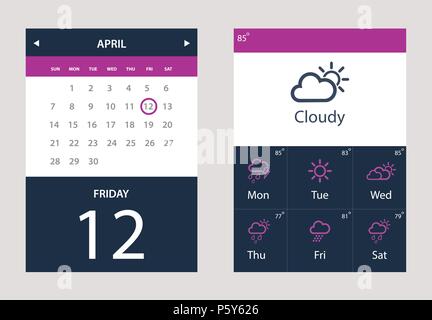 Vector set de météo et calendrier de l'INTERFACE UTILISATEUR Widget Illustration de Vecteur