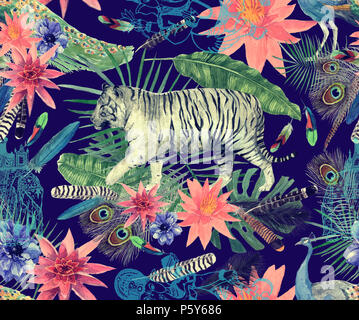 L'aquarelle transparente avec des tigres, des paons, des feuilles, fleurs. Banque D'Images