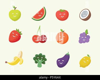 Happy smiling cartoon fruits icône. Illustration de Vecteur