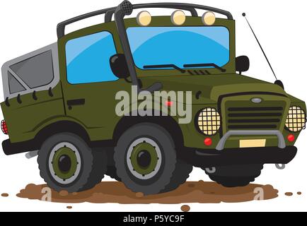 Un vecteur représentant une caricature drôle militaire vert personnalisé hors route voiture garée dans la boue Illustration de Vecteur