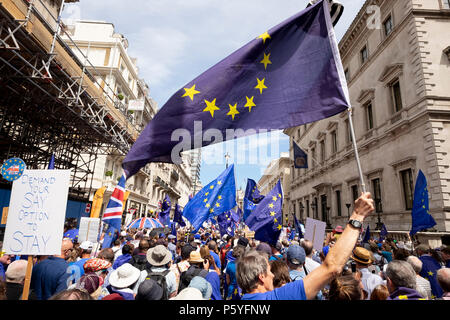 Londres, Royaume-Uni. 23 juin 2018. Mars pour un vote des peuples. De Pall Mall drapeaux de l'UE comme la mouche demonstaration enfin commence à se déplacer à 13h45. Crédit : Scott Banque D'Images