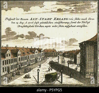 N/A. Deutsch : Ansicht der neu erbauten Altstadt Erlangen nach dem Brand von 1706. Das Bild zeigt den heuigen Martin-Luther-Platz. Randbild Homannschen Stadtplan aus dem. 1721. Johann Homann (-1724) Noms alternatifs Johann Baptist Homann, Ioannis Baptista Homann, Johann-Baptista Homann, Johann Baptista Homann cartographe allemand Description, Éditeur et graveur sur cuivre Date de naissance/décès 20 mars 1664 / 20 mars 1663 1er juillet 1724 Lieu de naissance/décès Kammlach Travail Nuremberg Nuremberg emplacement contrôle d'autorité : Q62706 VIAF:47031432 ISNI:0000 0001 2131 3581 ULAN:50003402 Banque D'Images