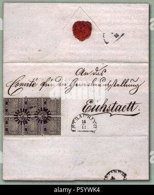 N/A. Deutsch : 'Eichstätt-Brief', einzig bekannter bref mit einem der ersten Sechserblock Bayerns Safe. Der Brief wurde am 14. Novembre 1849 à Straubing aufgegeben und zum Comité für die Gewerbeausstellung à Eichstätt' geschickt. Stamp : 1849-11-01 : 1849-11-14, lettre. Stamp : Entwurf und Stich : M. J. Seitz, Buchdruck : J. G. Weiss. Lettre : inconnu 497 Eichstaett-Brief-postfrisch Banque D'Images
