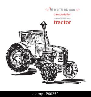 À la main vintage transport tracteur. Accès rapide à l'encre. Vector illustration noir isolé sur fond blanc Illustration de Vecteur