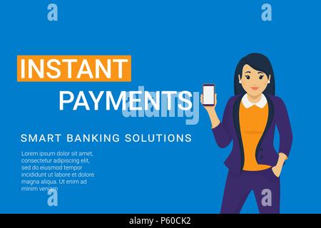 Des paiements instantanés mobile app pour les services bancaires et les paiements en ligne. Concept de télévision young business woman est titulaire smartphone avec blank scre Illustration de Vecteur