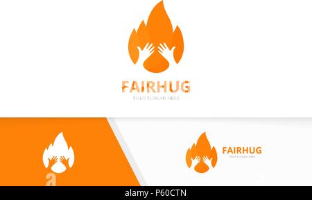 Logo vectoriel et feu mains combinaison. Flamme et embrasser un symbole ou icône. Torche et unique modèle de conception de logo de l'amitié. Illustration de Vecteur