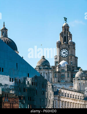 Vue de la tour de Royal Liver Building avec plus grande horloge britannique et le foie des oiseaux, Pier Head, Liverpool, England, UK avec édifice moderne en verre reflections Banque D'Images