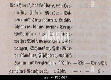 N/A. Preisedikt für Felle von Seitenausschnitt (1801) Deutsch : Seite 3) Rauchwerck (Ausschnitt, das précieux von Hermelin, Zobel- Marder, Tiegerhäuten Luchse und Bären, schwarze- blaue--- Podolische weiße Creuz (Podolien, Gebiet in der Ukraine südwestlichen und im nordöstlichen Moldawien) Griesfüche weißer und, Loup, weißer Hasen, Parangen ("schwarze zarte" Lammfelle Schmaßen Lammfell-Schmaschen), (), Feh- Marderschwänze, Fischotter, französisch und dergleichen Kanin, á - Thl. - Gr. 9 Pf. gemeines Rauchwerck, á Thl. -. -. 6. Le 31 mars 1801. Friedrich August von Sachsen 552 Fell-Tarife circons Friedrich Banque D'Images