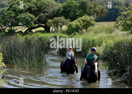 Comme la canicule se poursuit avec l'enregistrement de certains pays de Galles les températures les plus élevées au Royaume-Uni, les cavaliers Janice Hill (le port de casque) et Myfanwy Matthews, prendre chevaux Annie, montée par Janice, et M. Chips, monté par Myfanwy, pour un bain rafraîchissant dans la rivière Ogmore au Village de Ogmore, Vale of Glamorgan, Pays de Galles du Sud. Le mercure a atteint 25°C dans le salon le jeudi 28 juin 2018. Photo par Peter Bolter/ Alamy Live News Banque D'Images