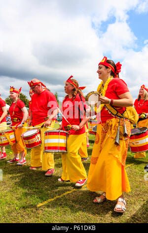 Fogo Bloco Sambra Drumming Bande, à Custard Pie Championship, Coxhealth. Vêtus de rouge et jaune, le long de la ligne de tambours et joueur de tambourin. Banque D'Images