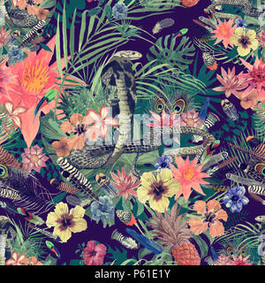 La main transparente motif aquarelle avec cobra, fleurs, feuilles, plumes. Banque D'Images