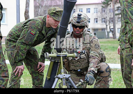La CPS. Antonio Henderson (à droite), un fantassin tir indirect affectés au siège des troupes et de l'Administration centrale, 3e Escadron, 2e régiment de cavalerie, explique les composantes d'un mortier de 81 mm canon pour un soldat lituanien au cours d'une exposition statique après la cérémonie d'ouverture de l'été, 17 avril Bouclier XIII, dans la base militaire Adazi, la Lettonie. Soldats de VRD et C batterie, l'Escadron d'artillerie, 2e régiment de cavalerie dans la région soutien à l'opération Atlantic participent également à résoudre les deux semaines d'exercice de l'interopérabilité, l'été, aux côtés de l'écran XIII alliés de la Lettonie, du Canada, de Lithua Banque D'Images