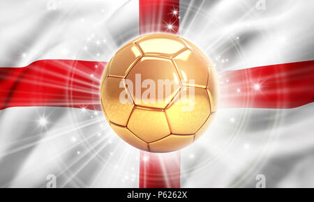 Ballon de soccer d'or illuminé d'étoiles sur un drapeau de l'Angleterre. Champion du monde. 3D illustration Banque D'Images