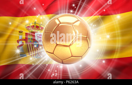 Ballon de soccer d'or illuminé d'étoiles sur un drapeau de l'Espagne. Champion du monde. 3D illustration Banque D'Images