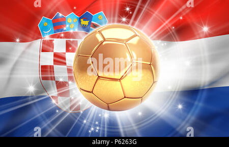 Ballon de soccer d'or illuminé d'étoiles sur un drapeau de la Croatie. Champion du monde. 3D illustration Banque D'Images