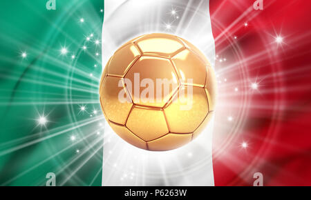 Ballon de soccer d'or illuminé d'étoiles sur un drapeau du Mexique. Champion du monde. 3D illustration Banque D'Images