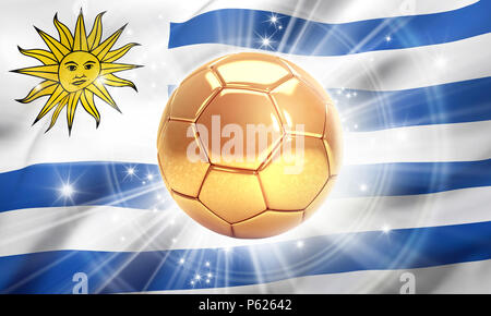 Ballon de soccer d'or illuminé d'étoiles sur un drapeau de l'Uruguay. Champion du monde. 3D illustration Banque D'Images