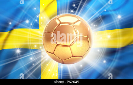 Ballon de soccer d'or illuminé d'étoiles sur un drapeau de la Suède. Champion du monde. 3D illustration Banque D'Images