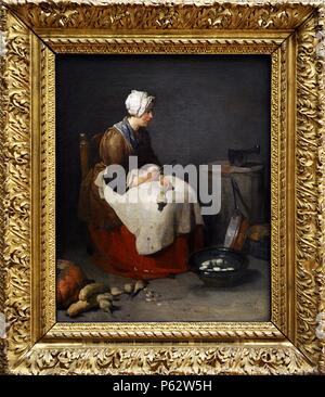 Jean Baptiste Simeon Chardin (1699-1779). Le peintre français. Woman peeling navets, ca. 1740. L'Alte Pinakothek. Munich. L'Allemagne. Banque D'Images