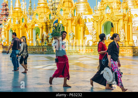 Yangon, Myanmar - 19 février 2014 : les gens à pied à la pagode Shwedagon Banque D'Images