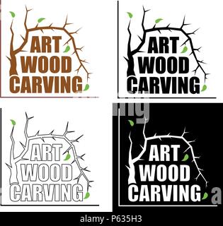 Sculpture sur bois artistique avec les feuilles des arbres Creative logo minimaliste Illustration de Vecteur