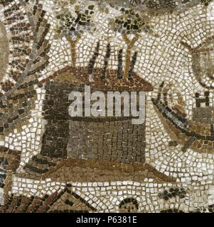 DETALLE DEL MOSAICO TEIGNEUX DE LA VILLA ROMANA DE LA VEGA BAJA (Tolède), REPRESENTANDO UN PORTO ROMANO Y ESCENAS MARITIMAS (HACIA 300 D.C.). EN EL MUSEO DE SANTA CRUZ. Banque D'Images