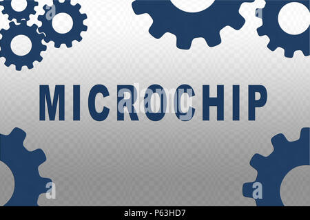 Signe de Microchip concept illustration avec des chiffres sur l'engrenage de bleu foncé sur fond dégradé gris Banque D'Images