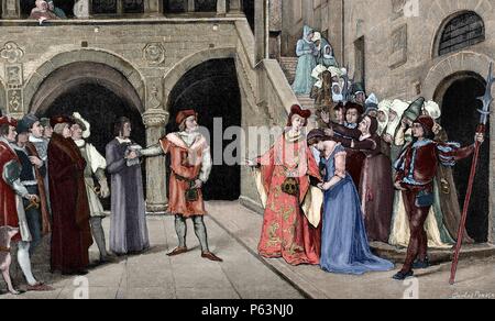 Blanche II de Navarre (1424-1464). Reine de Navarre. Blanche de Navarre est livré à l'Captal de Buch, qui emprisonne ses ordres dans un château. Gravure d'après une peinture par Eduardo Rosales. De couleur. Banque D'Images