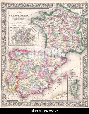 Mitchell 1864 Carte de France, l'Espagne et le Portugal - Geographicus - SpainFrance-951-1860 Mitchell. Banque D'Images