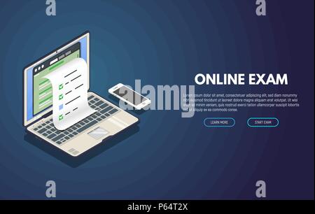 Examen en ligne bannière isométrique Illustration de Vecteur