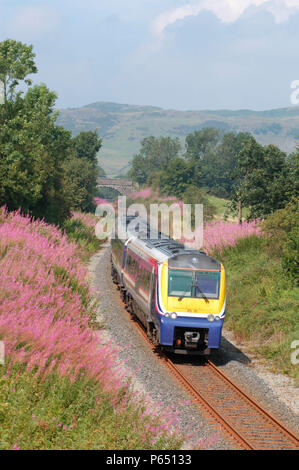 Une première classe Transpennine 175 111 numéro d'unité est vue ici à Sandy Cove en travaillant un service de l'aéroport de Manchester à Windermere en août 2004. Banque D'Images