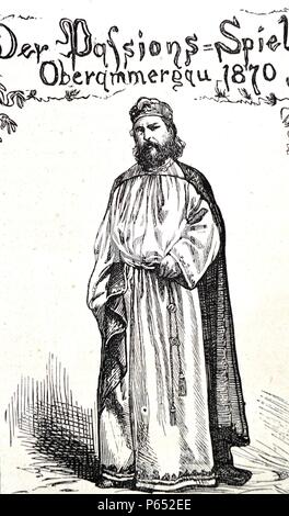 Détail de l'affiche publicitaire de la Passion Play bavarois ; une présentation dramatique illustrant la Passion de Jésus Christ : son procès, la souffrance et la mort. Le caractère indiqué dans ce détail est "Leader de la Chorale' joué par Johann Diemer. L'antisémitisme a joué un rôle important dans jeu de la Passion. Datée 1870 Banque D'Images