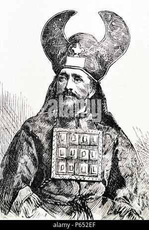 Détail de l'affiche publicitaire de la Passion Play bavarois ; une présentation dramatique illustrant la Passion de Jésus Christ : son procès, la souffrance et la mort. Le caractère indiqué dans ce détail est 'Caïphe" joué par Johann Lang. L'antisémitisme a joué un rôle important dans jeu de la Passion. Datée 1870 Banque D'Images