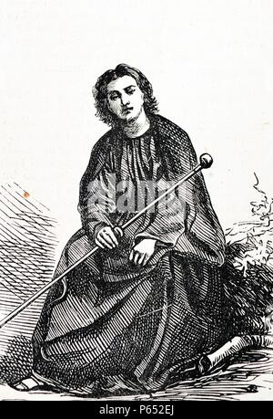 Détail de l'affiche publicitaire de la Passion Play bavarois ; une présentation dramatique illustrant la Passion de Jésus Christ : son procès, la souffrance et la mort. Le caractère indiqué dans ce détail est 'St. John' joué par Johann Zwink. L'antisémitisme a joué un rôle important dans jeu de la Passion. Datée 1870 Banque D'Images