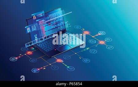 Logiciels, développement web, programmation concept. Résumé langage de programmation et le code du programme à l'écran ordinateur portable. Ordinateur portable et icônes réseau de l'entreprise . Processus de la technologie de développement de logiciels. Illustration de Vecteur