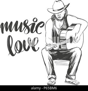 Le guitariste joue de la guitare, aime la musique, texte calligraphie hand drawn vector illustration croquis réalistes Illustration de Vecteur