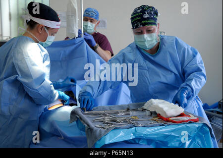 (L-r) Mobile de l'avant les membres de l'équipe chirurgicale Capt Kristin Hummel, le Lieutenant-colonel Michael Garrett et le Capt Roby, Amanda se préparent à retirer chirurgicalement une hernie d'un patient à l'hôpital de Matanzas, République dominicaine au cours d'un exercice d'entraînement de préparation chirurgicale ou SURGRETE. Ce patient est l'un des plus de 200 Dominicains locaux qui ont reçu des soins chirurgicaux spécialisés au cours de l'SURGRETE, un exercice qui fait partie de l'exercice NOUVEAUX HORIZONS 2016, où l'armée américaine de médecins, d'infirmières et techniciens chirurgicaux est associé avec des professionnels de la République dominicaine, et pratiqué leur art dans un déploiement Banque D'Images