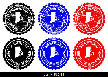 Rhode Island - timbres en caoutchouc - vecteur, Rhode Island (États-Unis d'Amérique) Carte - sticker - noir, bleu et rouge Illustration de Vecteur