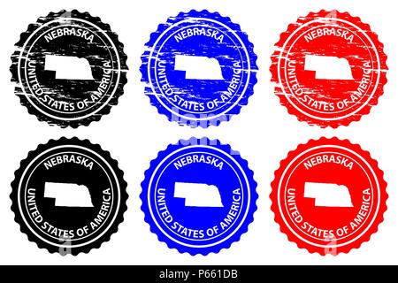 Nebraska - timbres en caoutchouc - vecteur, Nebraska (États-Unis d'Amérique) Carte - sticker - noir, bleu et rouge Illustration de Vecteur