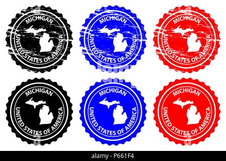 Michigan - timbres en caoutchouc - vector, au Michigan (États-Unis d'Amérique) Carte - sticker - noir, bleu et rouge Illustration de Vecteur