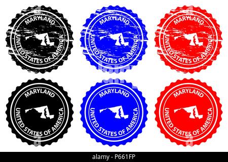 Maryland - timbres en caoutchouc - vecteur, Maryland (États-Unis d'Amérique) Carte - sticker - noir, bleu et rouge Illustration de Vecteur