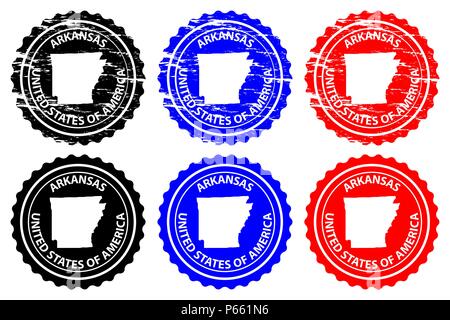 L'Arkansas - rubber stamp - vecteur, Arkansas (États-Unis d'Amérique) Carte - sticker - noir, bleu et rouge Illustration de Vecteur