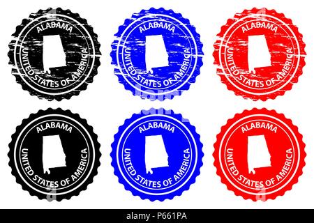 Alabama - timbres en caoutchouc - vecteur, Alabama (États-Unis d'Amérique) Carte - sticker - noir, bleu et rouge Illustration de Vecteur